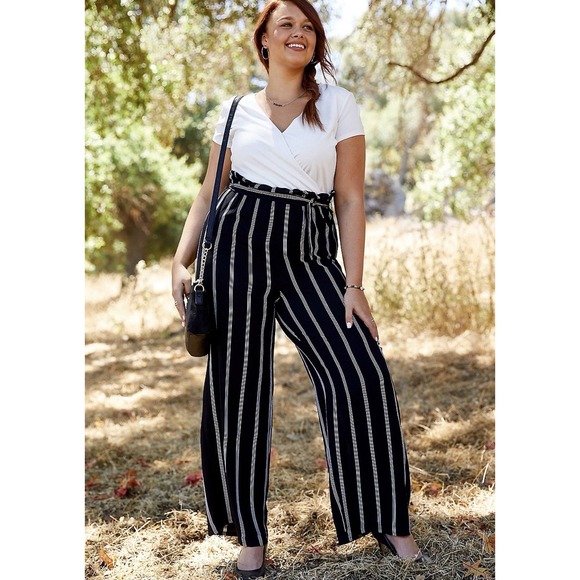 Maurices Pants - NWT Maurices Paperbag Waist Wide Leg Jumpsuit Womens M Black White Striped